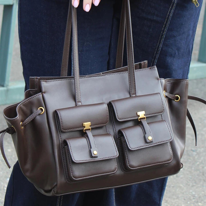 Luxury Brand Silver Buckle Fashion Genuine Leather Handbag New Large Capacity Tote Bag Designer Women's Commuter Shoulder Bag