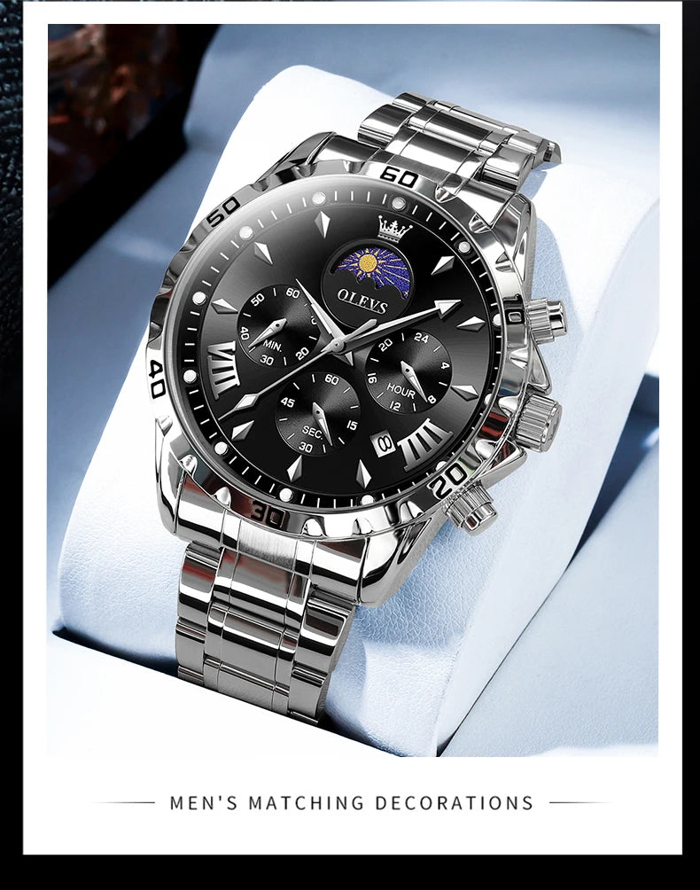 OLEVS Original Moon Phase Men Watches Luminous Skeleton Waterproof Quartz Watch Calendar Chronograph Stainless Steel Wristwatch