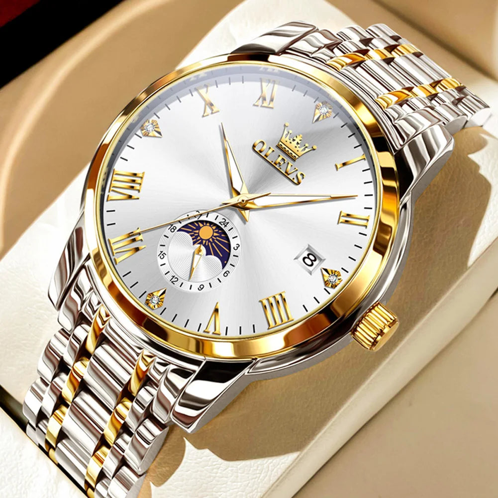 OLEVS Trend Fasahion Men's Watches Stainless Steel Original Quartz Watch for Man Waterproof Luminous Date Moon Phase Wristwatch