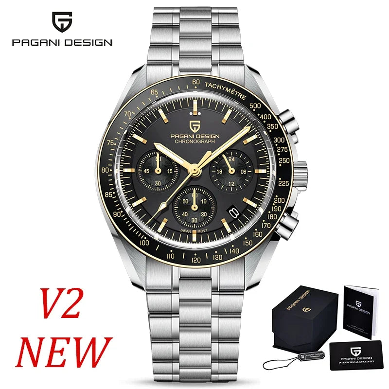 PAGANI DESIGN 2025 New Moon Men's Watches Luxury Quartz Watch For Men VK63 Chronograph AR Sapphire Mirror Ceramic Bezel Luminous