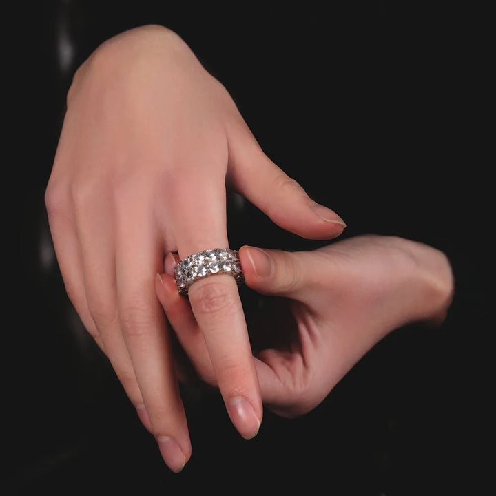 TOPGRILLZ Waterproof No Fading 2 Row CZ Solitaire Ring For Men/Women Iced Out Charm Round Rings Band Classic Hip Hop Jewelry