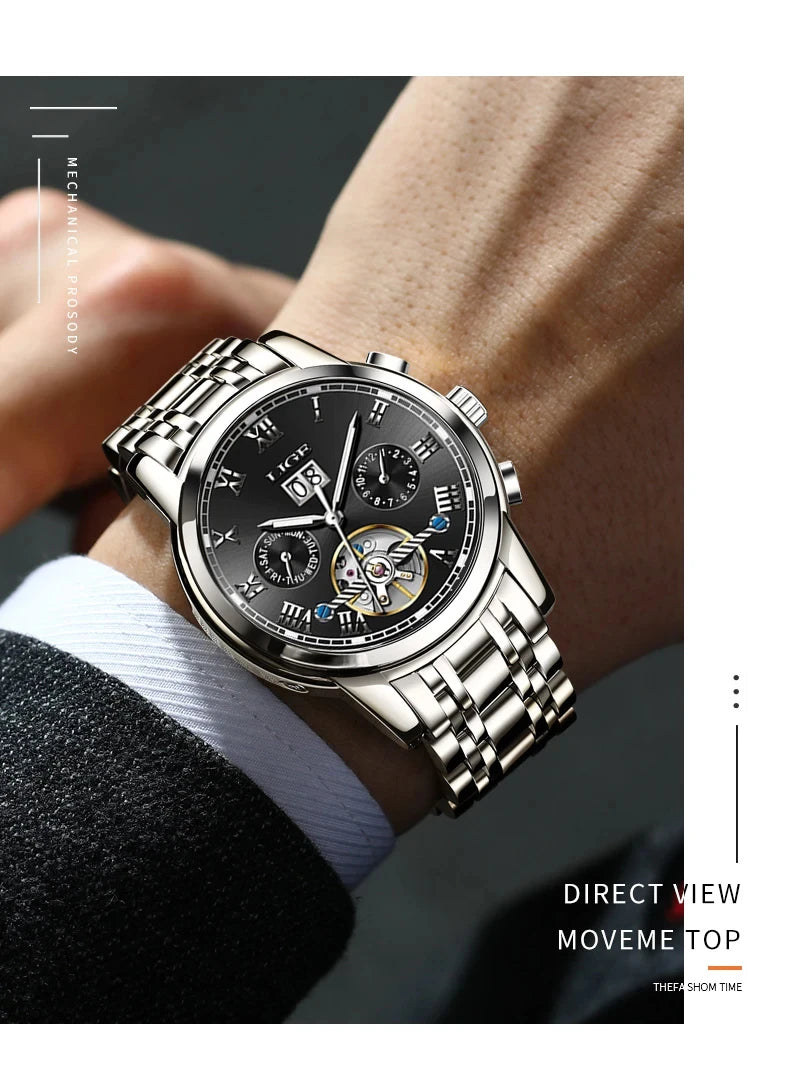 LIGE Fashion Men's Mechanical WristWatches Business Waterproof Tourbillon Watch Men Top Brand Luxury Automatic Watches For Men