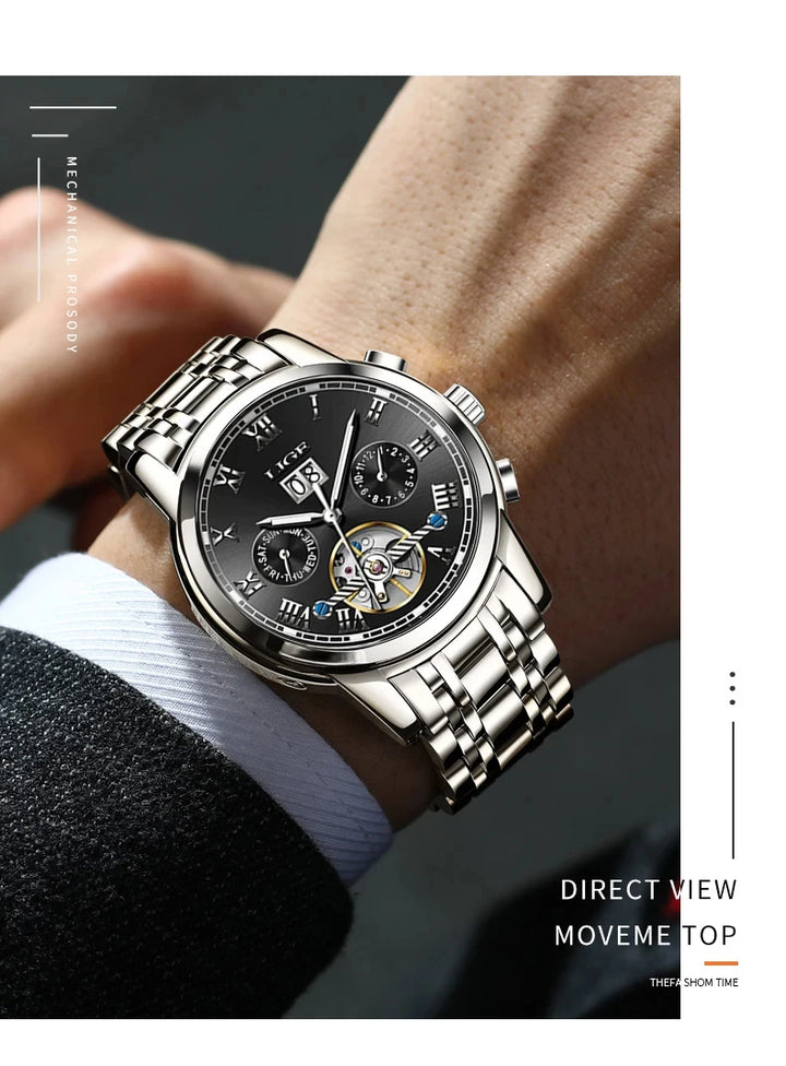 LIGE Fashion Men's Mechanical WristWatches Business Waterproof Tourbillon Watch Men Top Brand Luxury Automatic Watches For Men