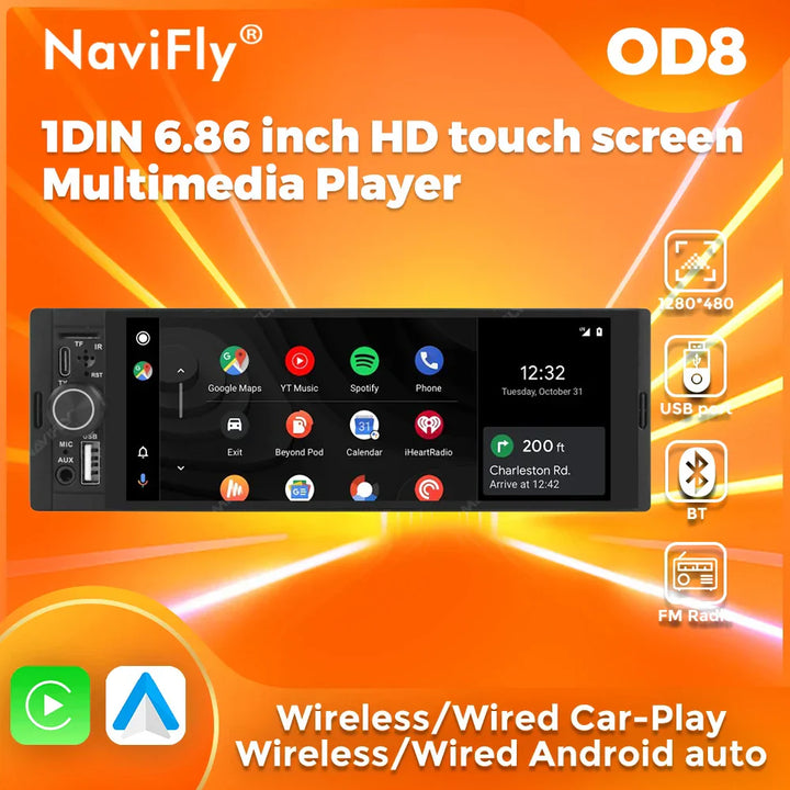 NaviFly 6.86'' 1Din Car Radio Multimedia Player MP5 FM Radio Wireless/Wired Carplay Android Auto Car Stereo 1 din 1280*480