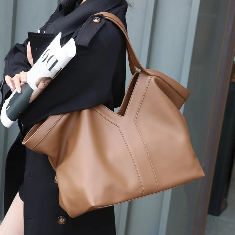 Soft Luxury Y Letter Women Shoulder Bag New Genuine Leather Fashion Large Capacity Tote Bag High-end Casual Commuting Brand Bag