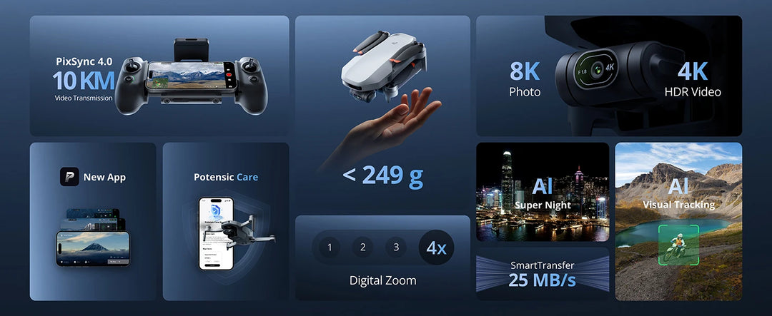Potensic ATOM 2 3-Axis Gimbal Camera Drone 4K HDR Video, 8K Photo, Vertical Shooting, 10-KM, AI Night Shot Tracking, Under 249g
