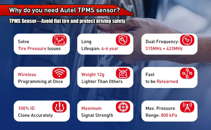 Autel TPMS Sensor MX-Sensor 2in1 315MHz + 433MHz Tire Replacement Sensor OE-Level Programmable & Cloneable TPMS Pressure Sensor