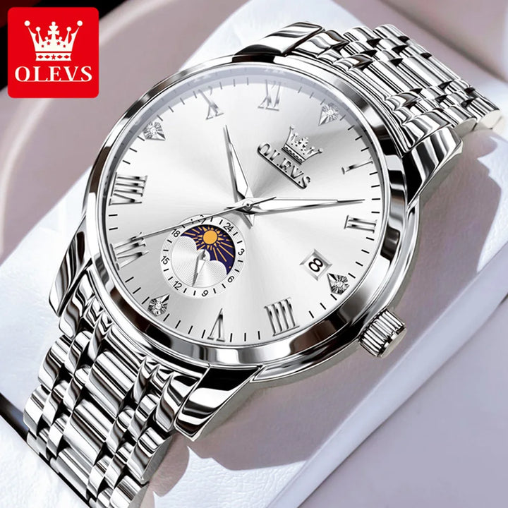 OLEVS Top Brand Men's Watches Fashion Original Quartz Watch for Man Waterproof Stainless Steel Luminous Wristwatch Moon Phase