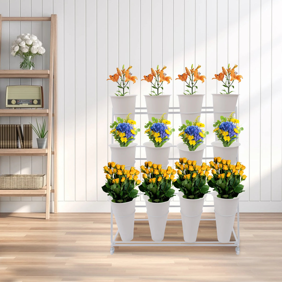 3 Layers Flower Display Stand Movable Modern Metal Plant Shelf with 12Pcs Flower Buckets & Wheels for Home Garden Patio Balcony