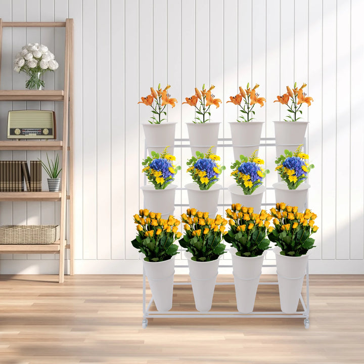 3 Layers Flower Display Stand Movable Modern Metal Plant Shelf with 12Pcs Flower Buckets & Wheels for Home Garden Patio Balcony