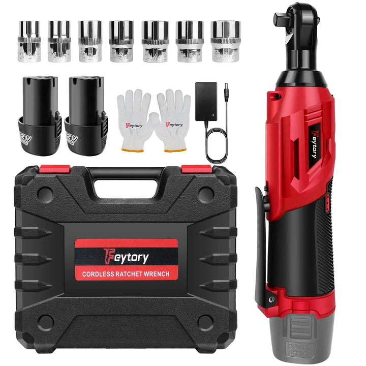 New 3/8 Inch Cordless Electric Wrench 90° Right Angle Ratchet Wrenches 12V Rechargeable Car Repair Tool with 2 Battery 7 Sockets