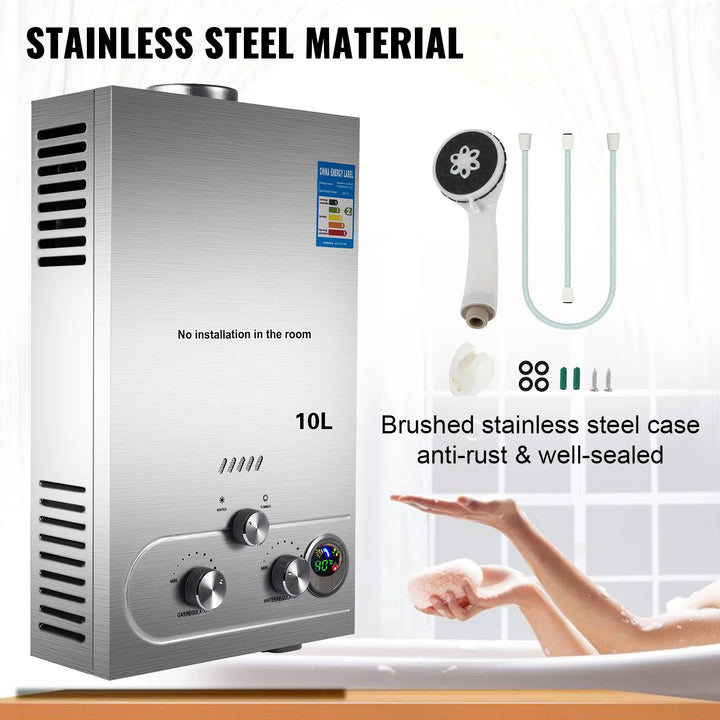 VEVOR Gas Water Heater LPG Hot Water Heater Stainless Steel Tankless  Propane Gas LPG Boiler Home Appliance 6L-18L