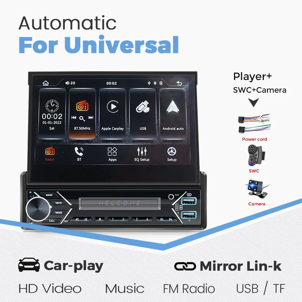 Universal 7" 1din Retractable Screen Car Radio Android Auto Carplay Multimedia Video Player Intelligent Vehicle System BT FM USB