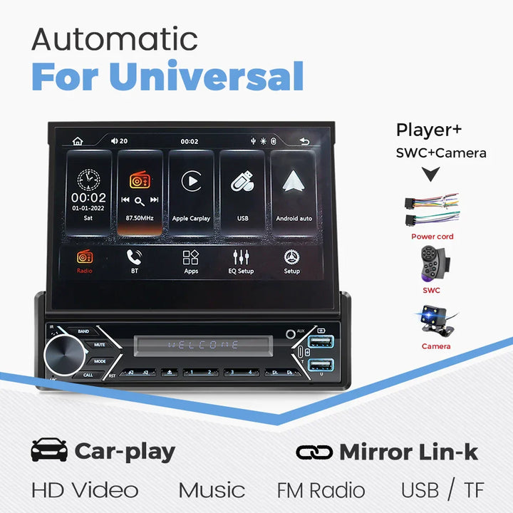 Universal 7" 1din Retractable Screen Car Radio Android Auto Carplay Multimedia Video Player Intelligent Vehicle System BT FM USB