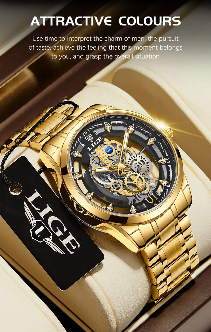 LIGE New Fashion Mens Watches Top Brand Luxury Hollow Watch Men Military Sports Waterproof Quartz Watch For Men Montre Homme+BOX