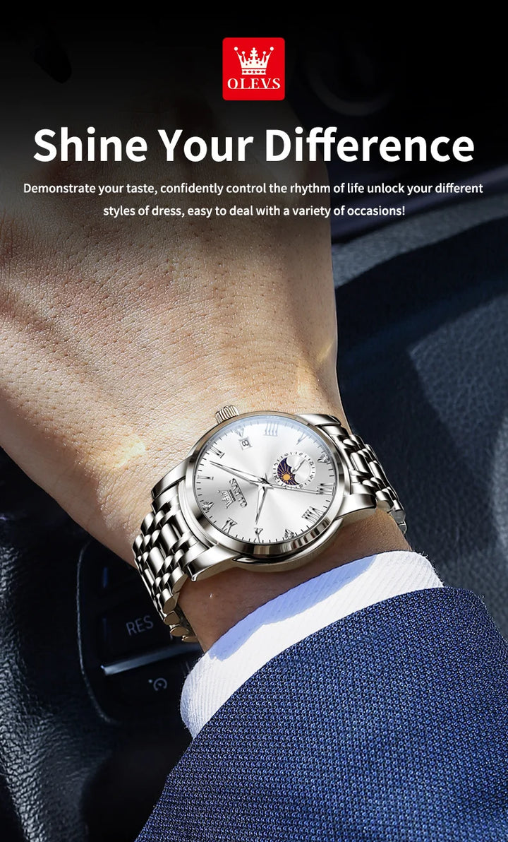 OLEVS Trend Fasahion Men's Watches Stainless Steel Original Quartz Watch for Man Waterproof Luminous Date Moon Phase Wristwatch