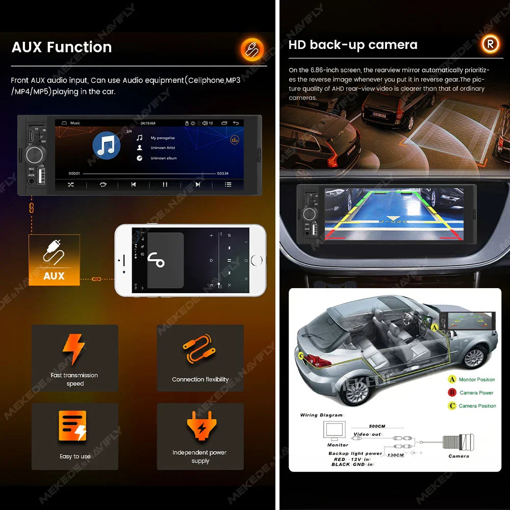 NaviFly 6.86'' 1Din Car Radio Multimedia Player MP5 FM Radio Wireless/Wired Carplay Android Auto Car Stereo 1 din 1280*480