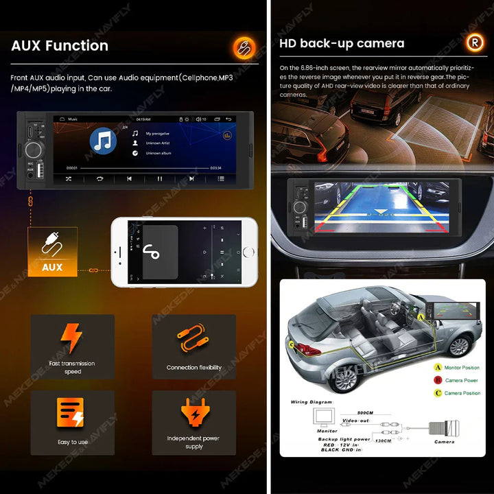 NaviFly 6.86'' 1Din Car Radio Multimedia Player MP5 FM Radio Wireless/Wired Carplay Android Auto Car Stereo 1 din 1280*480