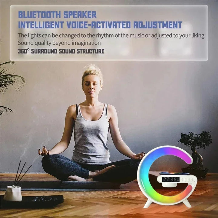 Multifunction RGB Light Bluetooth Speaker Alarm Clock 15W Wireless Charger Stand Pad For iPhone Samsung Fast Charging Station