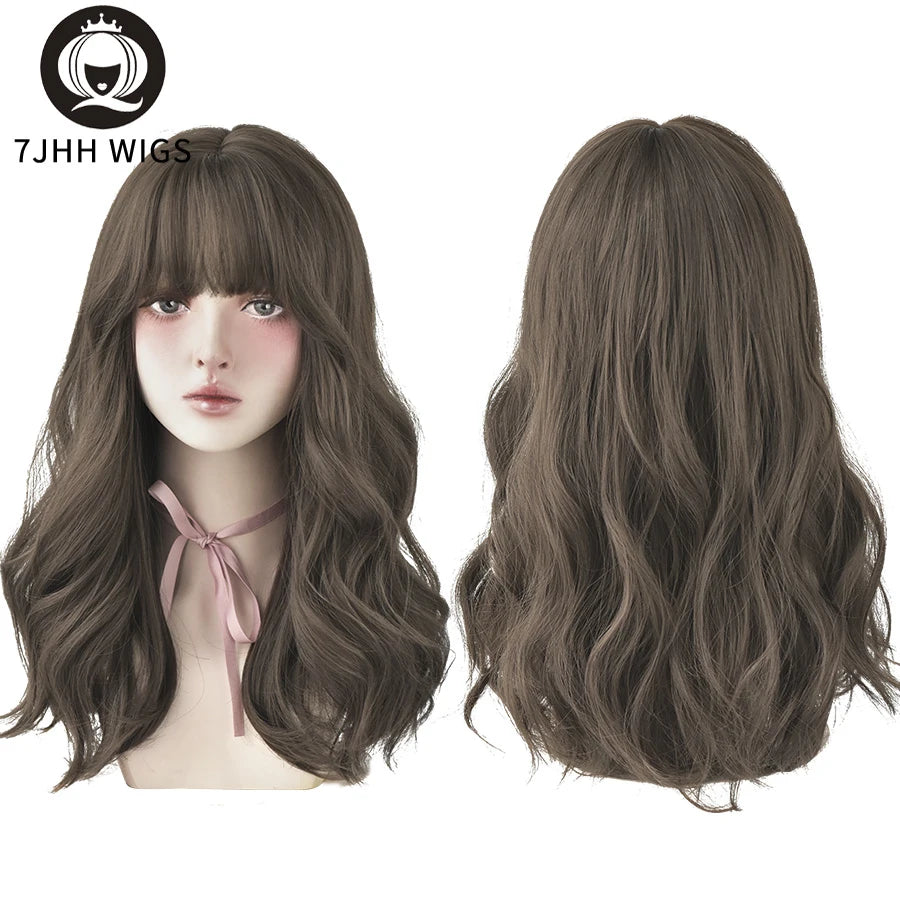 7JHHWIGS Long Wavy Synthetic Black Wigs For Women With Fringe Fashion Heat Resistant Mid-Length Daily Straight Light Brown Hair