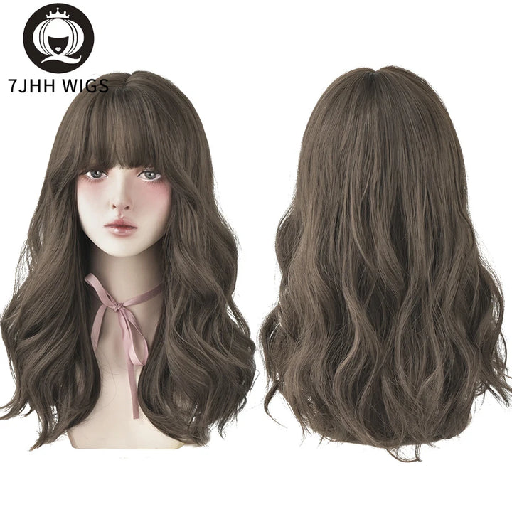 7JHHWIGS Long Wavy Synthetic Black Wigs For Women With Fringe Fashion Heat Resistant Mid-Length Daily Straight Light Brown Hair