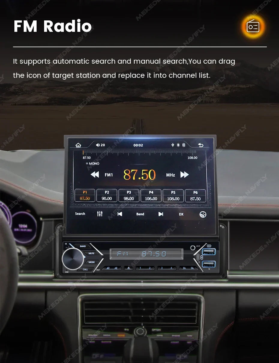 Universal 7" 1din Retractable Screen Car Radio Android Auto Carplay Multimedia Video Player Intelligent Vehicle System BT FM USB