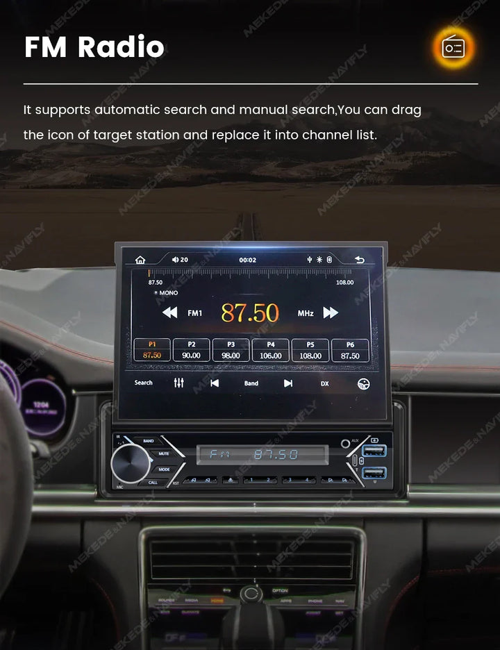 Universal 7" 1din Retractable Screen Car Radio Android Auto Carplay Multimedia Video Player Intelligent Vehicle System BT FM USB