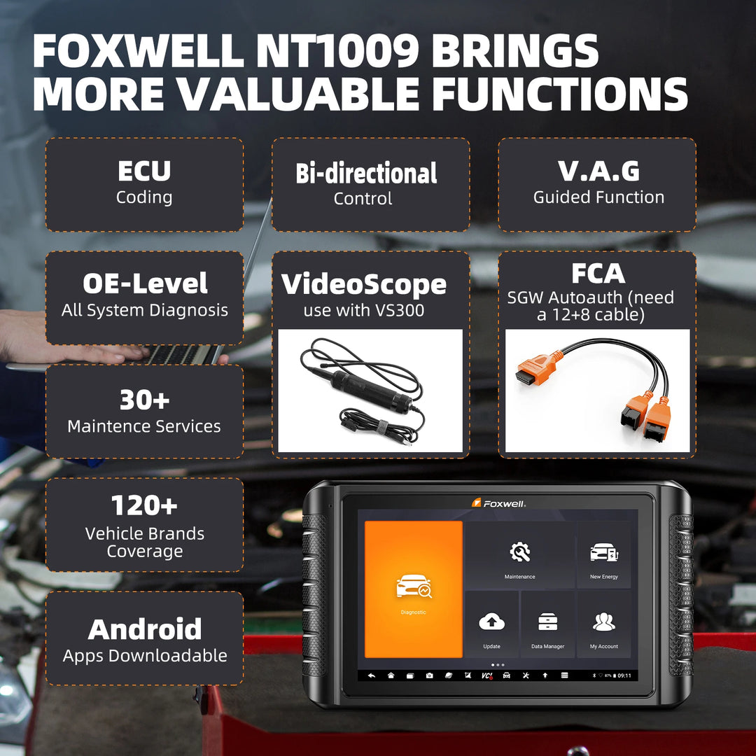 FOXWELL NT1009 10.1 inch OBD2 Car Scanner ECU Coding Active Test Guided Functions OE All System OBD2 Automotive Diagnosis Tools