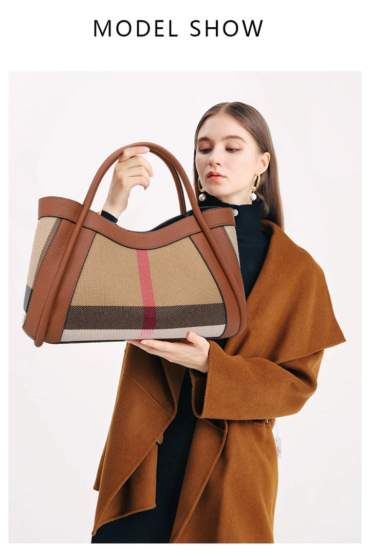 Aidrani  2025 New retro checkered women's handbag, large capacity luxury bag, canvas genuine leather bag