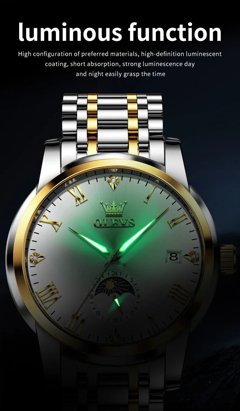 OLEVS Trend Fasahion Men's Watches Stainless Steel Original Quartz Watch for Man Waterproof Luminous Date Moon Phase Wristwatch