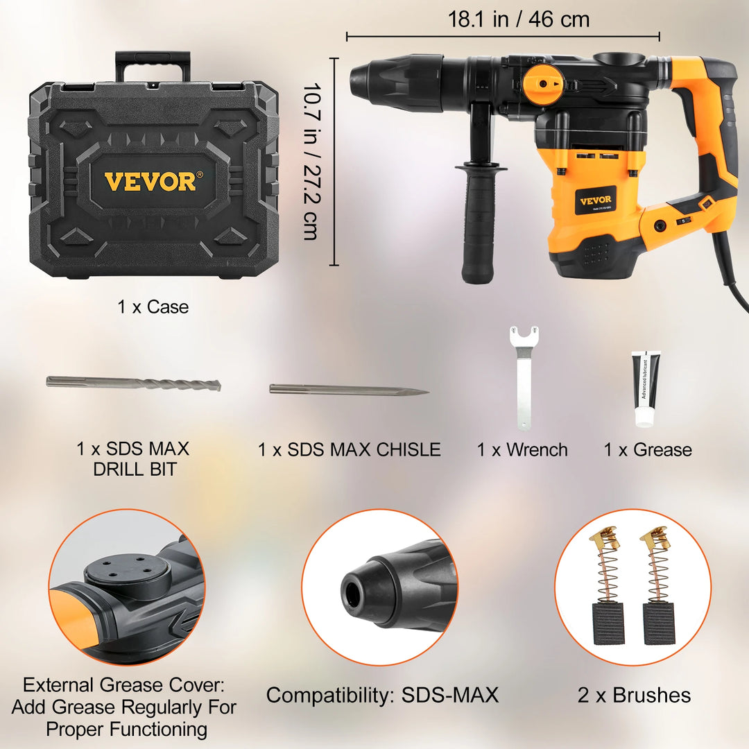 VEVOR 1600W Rotary Hammer Drill Max Drilling 42mm 3 Modes SDS Max Corded Demolition Chipping Metal Concrete Breaker Jackhammer