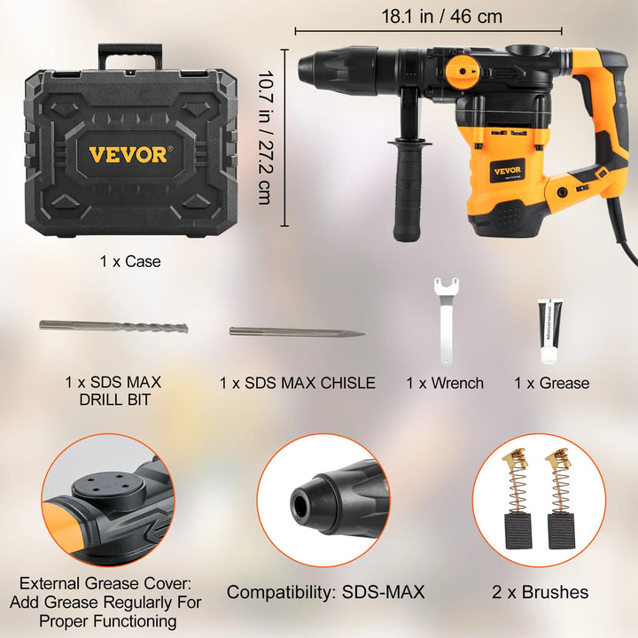 VEVOR 1600W Rotary Hammer Drill Max Drilling 42mm 3 Modes SDS Max Corded Demolition Chipping Metal Concrete Breaker Jackhammer