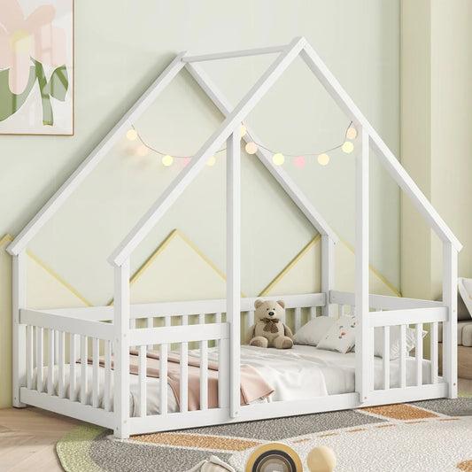 Twin House Floor Bed with Fence