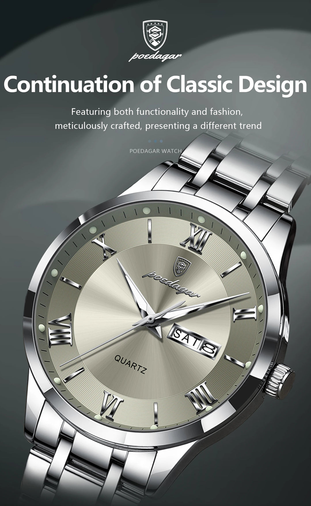 POEDAGAR Business Fashion Man Watch Waterproof Luminous Date Week Male Wristwatch Stainless Steel Quartz Men Watches Reloj +Box