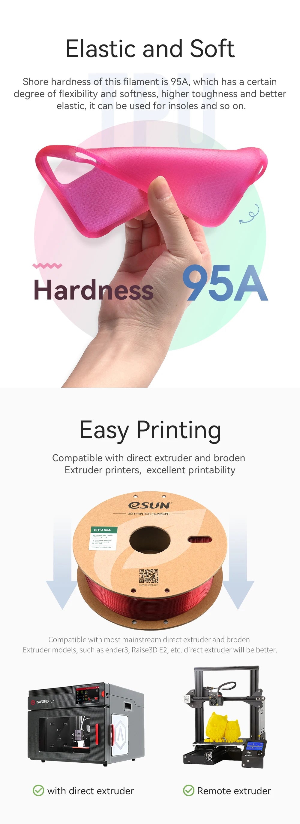 eSUN Flexible TPU Filament 1.75mm,TPU 95A 3D Printer Filament 1KG 2.2 LBS Spool 3D Printing Material For 3D Printers TPU 95A