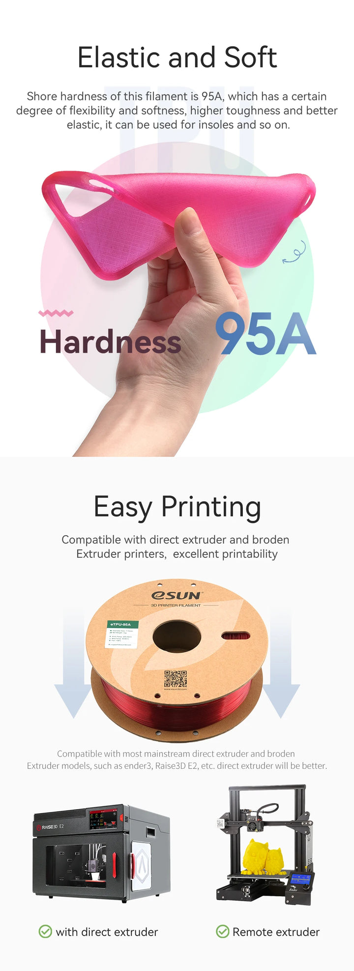 eSUN Flexible TPU Filament 1.75mm,TPU 95A 3D Printer Filament 1KG 2.2 LBS Spool 3D Printing Material TPU 95A  For 3D Printers