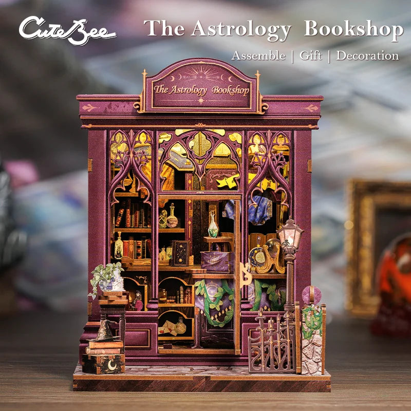 CUTEBEE Bookstore Book Nook with Light DIY Miniature Wooden Dollhouse for Decor Gift Bookshelf Insert Kit 3D Puzzle