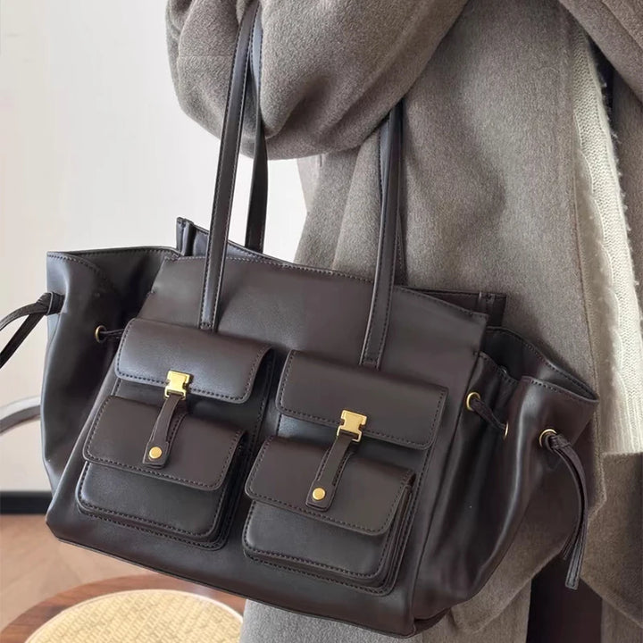 Luxury Brand Silver Buckle Fashion Genuine Leather Handbag New Large Capacity Tote Bag Designer Women's Commuter Shoulder Bag