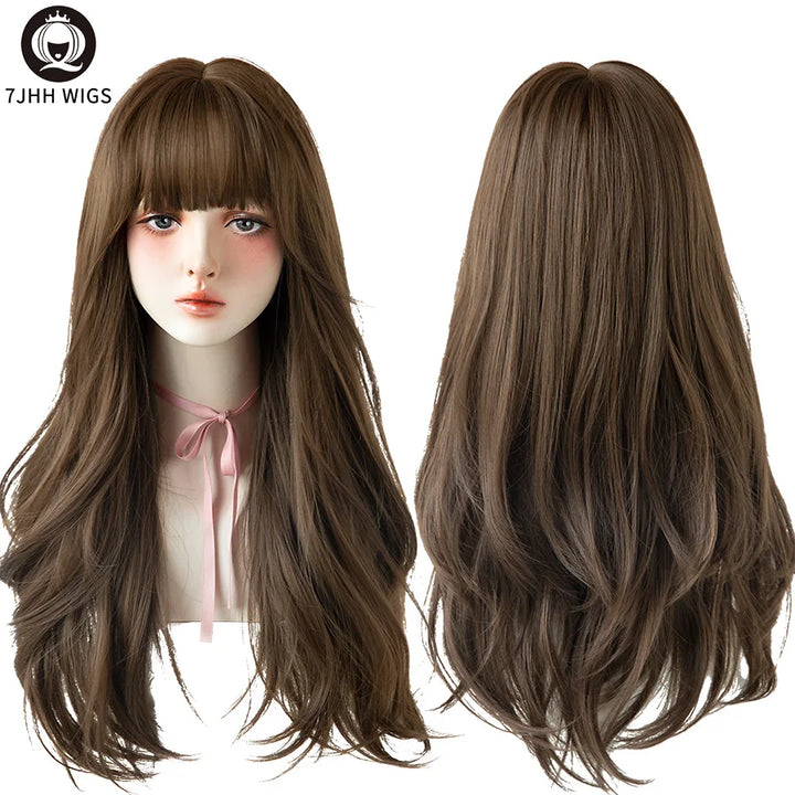 7JHHWIGS Long Wavy Synthetic Black Wigs For Women With Fringe Fashion Heat Resistant Mid-Length Daily Straight Light Brown Hair