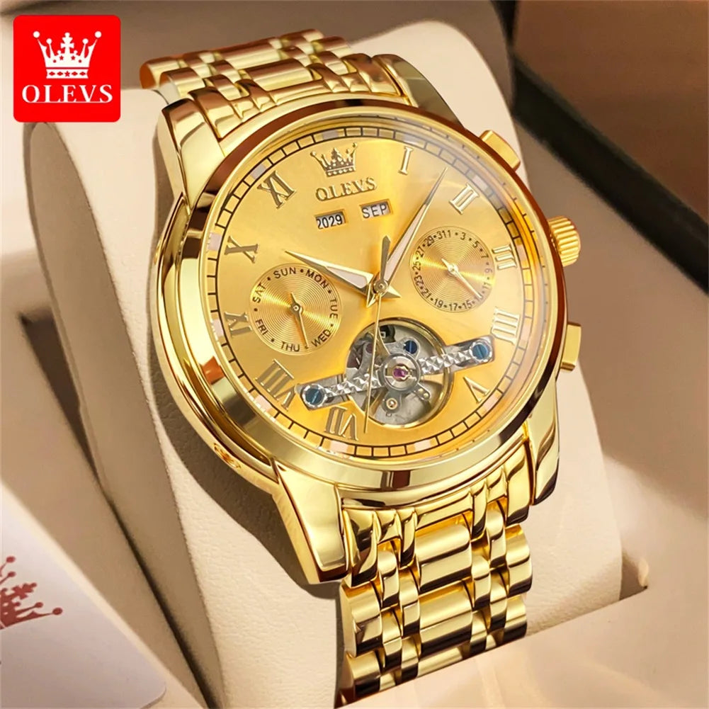 OLEVS Brand Automatic Mechanical Men Watches Waterproof Stainless Steel Strap Watch for Man Skeleton Calendar Hollow out Design