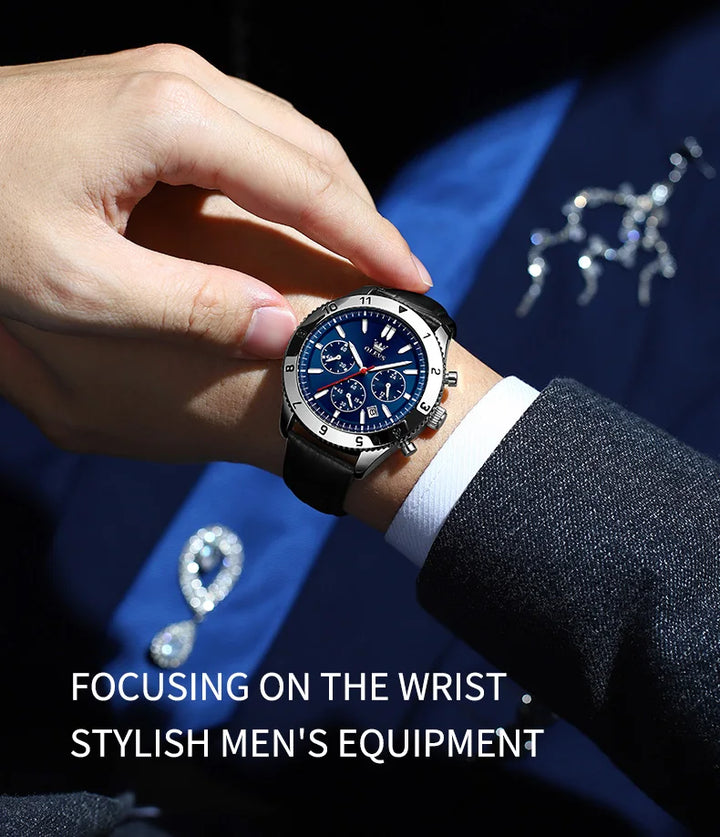 OLEVS Original Quartz Watch for Men Leather Strap Chronograph Calendar Waterproof Luminous Men's Wristwatches Relógio Masculino