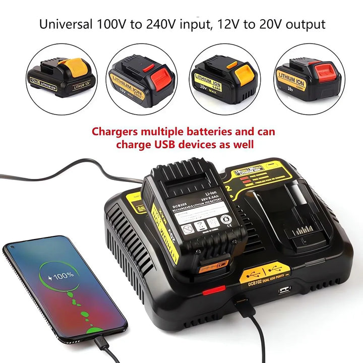 DCB102 DCB118 DCB112 Li-ion Battery Double Charging Dual USB Ports Charger For DeWalt 12V 14.4V 18V 20V DCB101 DCB200 DCB201