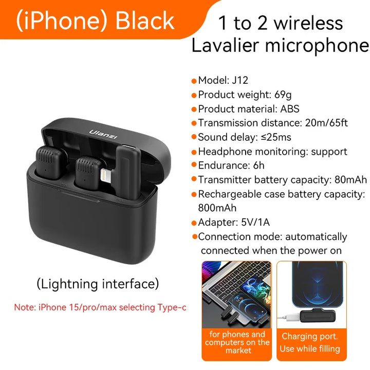 Ulanzi J12 Lavalier Microphone Professional Portable 20M Receive Range Plug Play Mic For Smartphone Android iPhone16 15 14 13 12