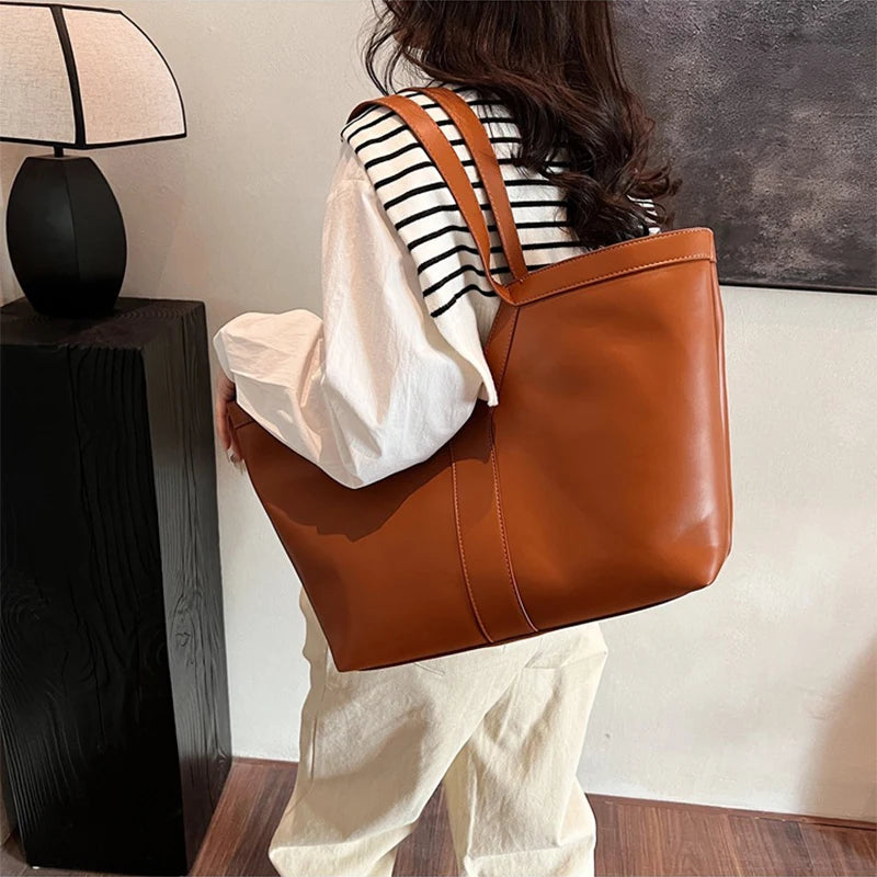 Soft Luxury Y Letter Women Shoulder Bag New Genuine Leather Fashion Large Capacity Tote Bag High-end Casual Commuting Brand Bag