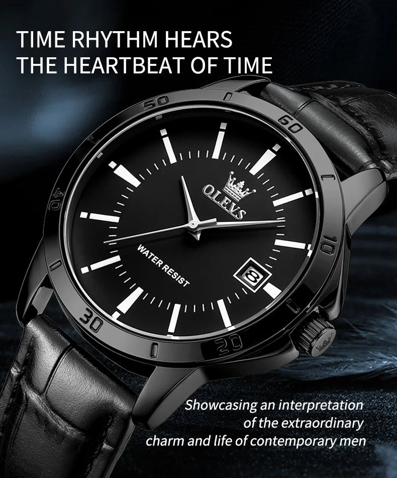 OLEVS TY716 Mens Watch Original Fashion Quartz Watch For Men Waterproof Leather Strap Calendar Daily Automatic Date Mens Gifts