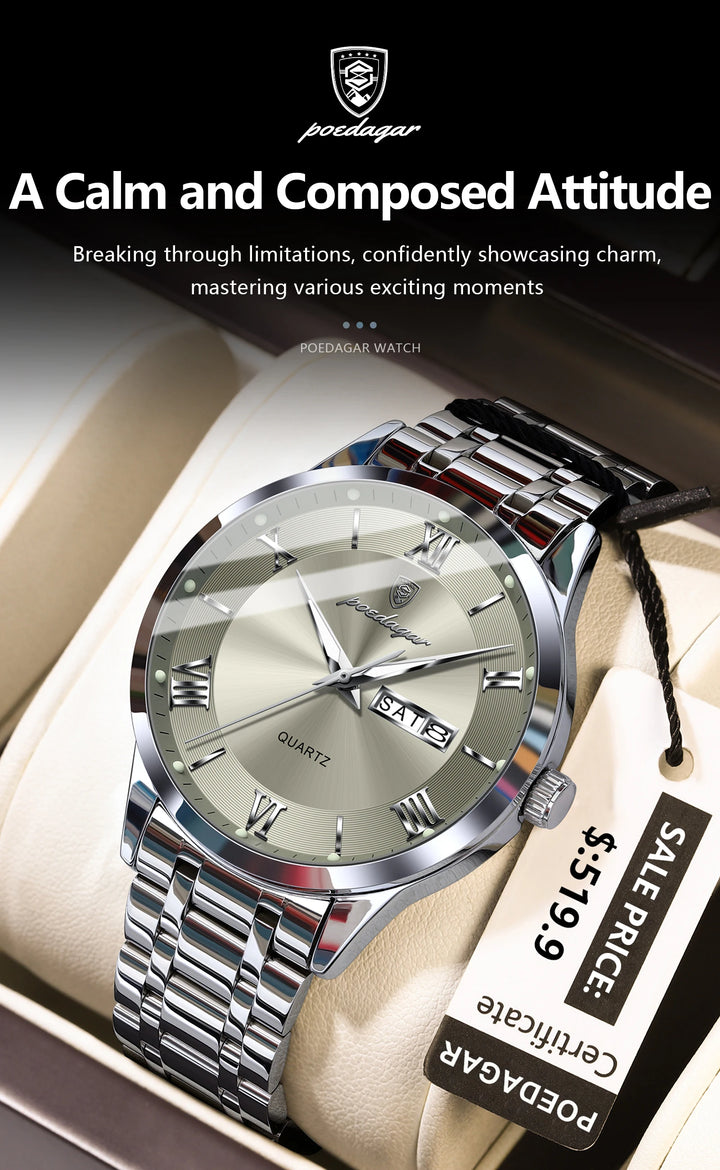 POEDAGAR Business Fashion Man Watch Waterproof Luminous Date Week Male Wristwatch Stainless Steel Quartz Men Watches Reloj +Box