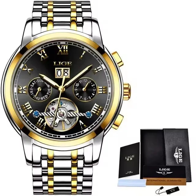 LIGE Fashion Men's Mechanical WristWatches Business Waterproof Tourbillon Watch Men Top Brand Luxury Automatic Watches For Men