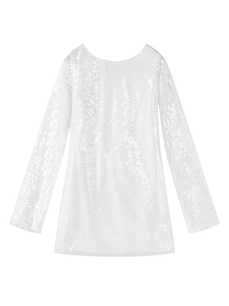 Women's Sparkling Backless Long Sleeved Dress Silver White Sexy Gauze Short Dresses Shiny Lining Elegant Summer Autumn Lady Top
