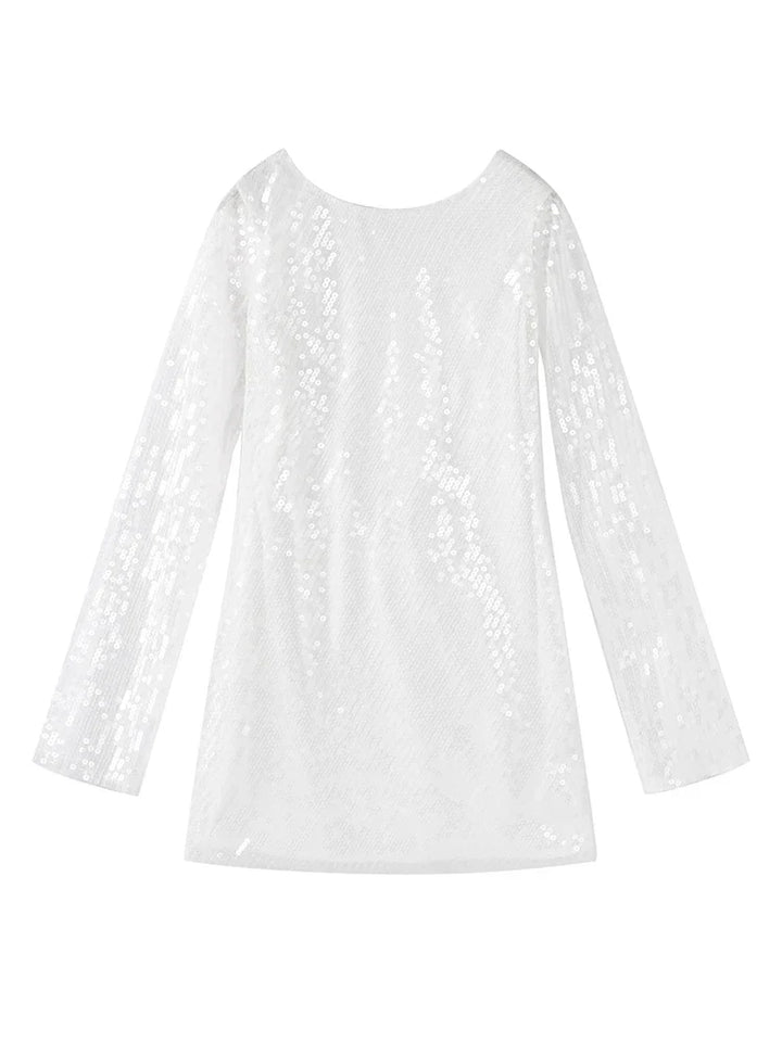 Women's Sparkling Backless Long Sleeved Dress Silver White Sexy Gauze Short Dresses Shiny Lining Elegant Summer Autumn Lady Top