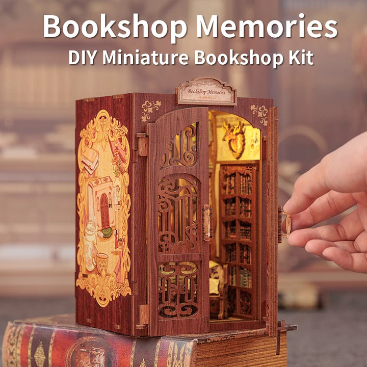 CUTEBEE Bookstore Book Nook with Light DIY Miniature Wooden Dollhouse for Decor Gift Bookshelf Insert Kit 3D Puzzle